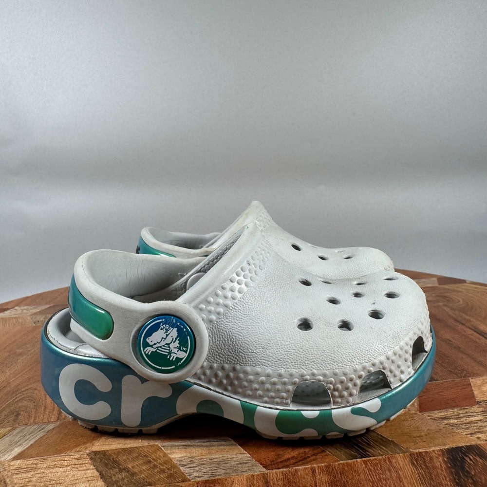 Crocs Kids Bayaband Logo Clog White Teal Iridescent Size C4 Toddler‎ Shoes